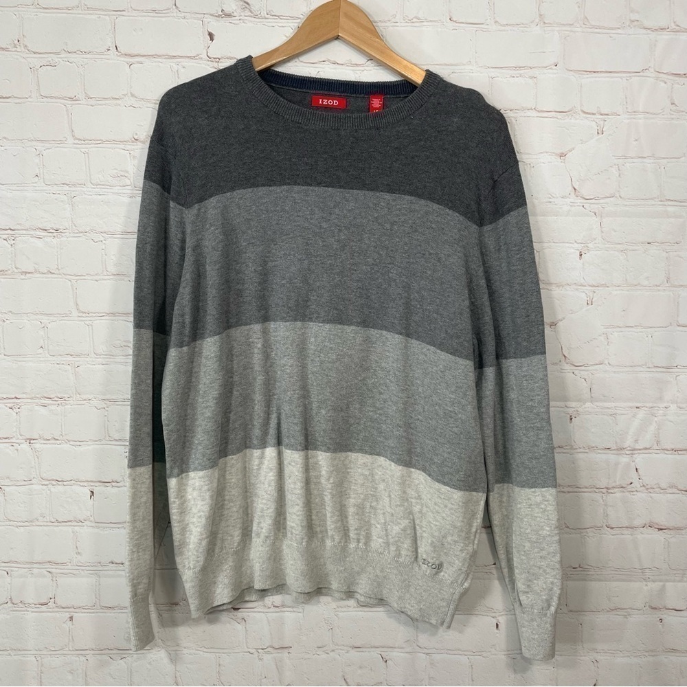 IZod Sweater Mens Large Gray Striped Pullover